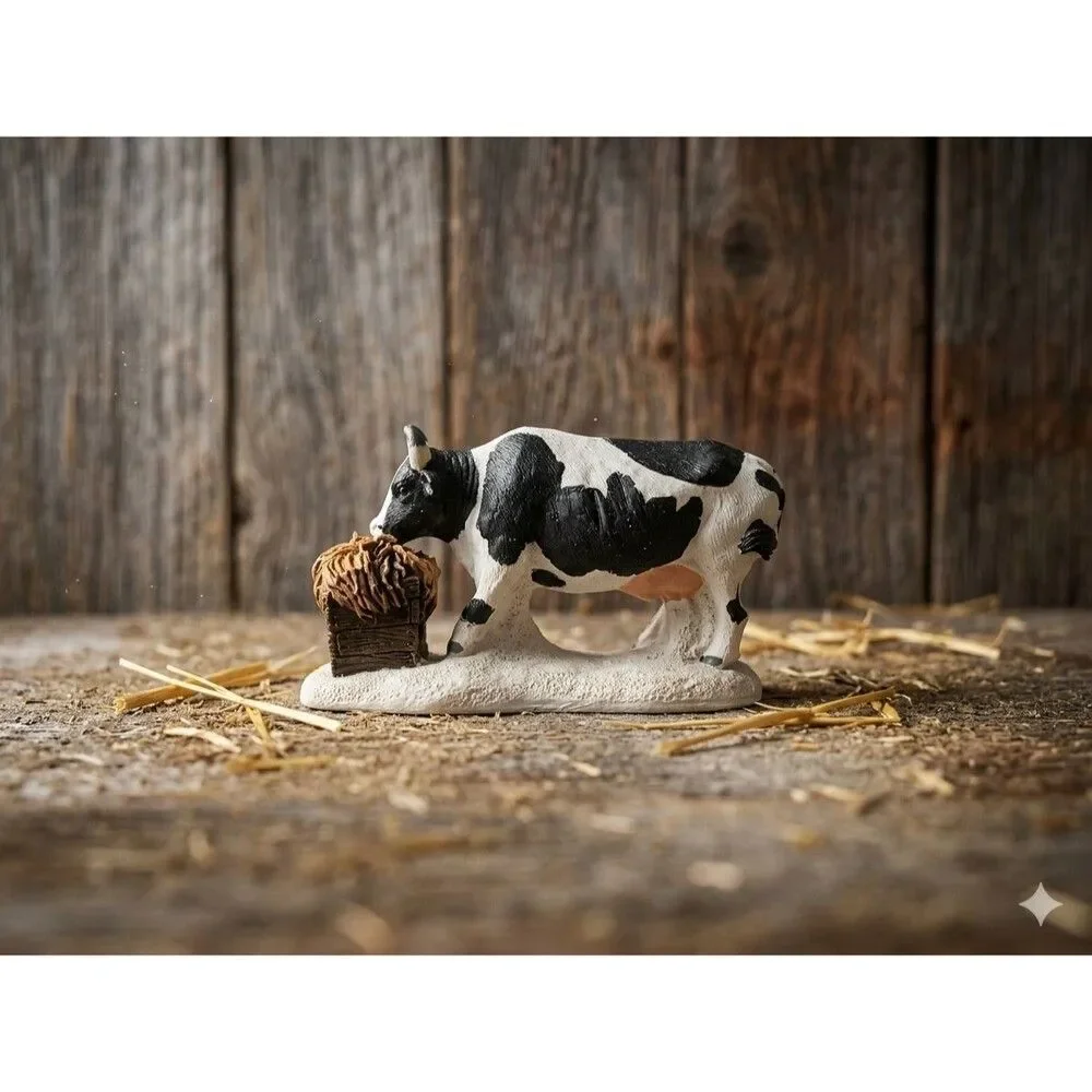 Vintage Holstein Cow Figurine Resin Miniature with Hay Trough Farmhouse Decor